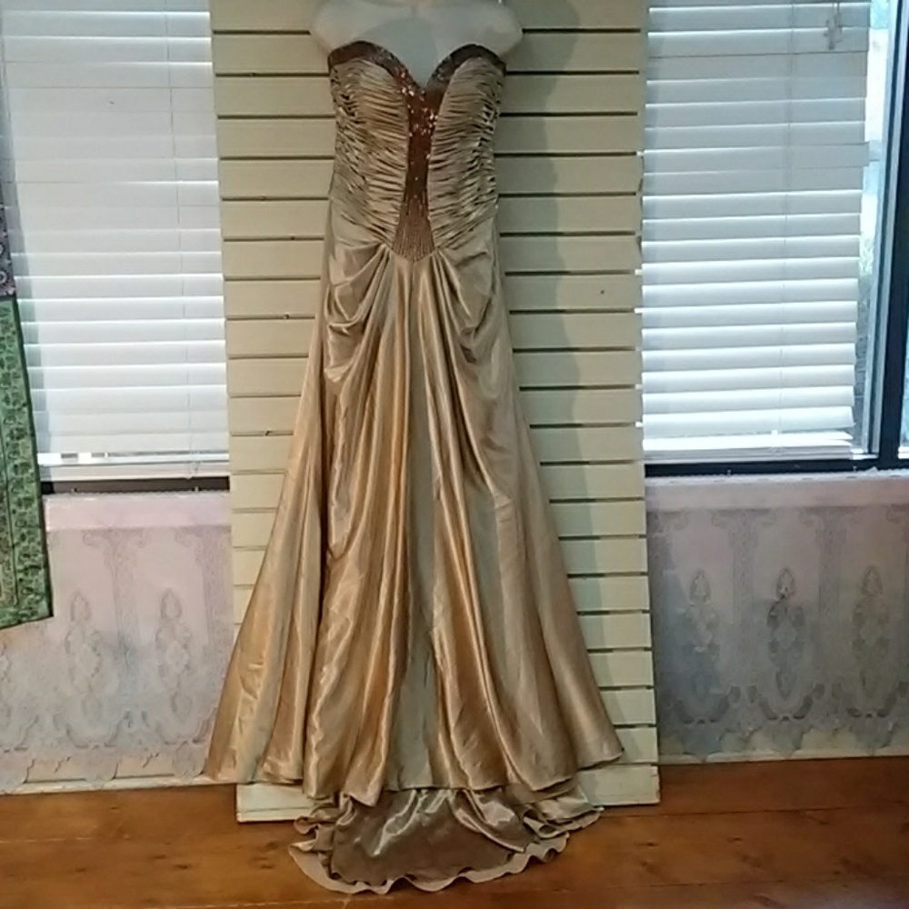 Gold beaded formal dress with fishtail backing